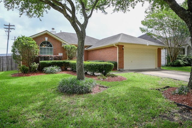 single story home featuring brick siding, a garage, concrete driveway, and a chimney