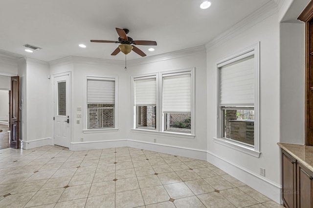 1006 Cross Hollow Ln, Katy, TX 77494 - unfurnished room featuring visible vents, recessed lighting, ceiling fan, crown molding, and light tile patterned floors