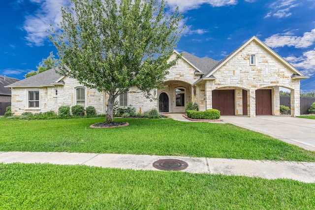 1006 Cross Hollow Ln, Katy, TX 77494 - french provincial home with stone siding, concrete driveway, a shingled roof, and a front yard