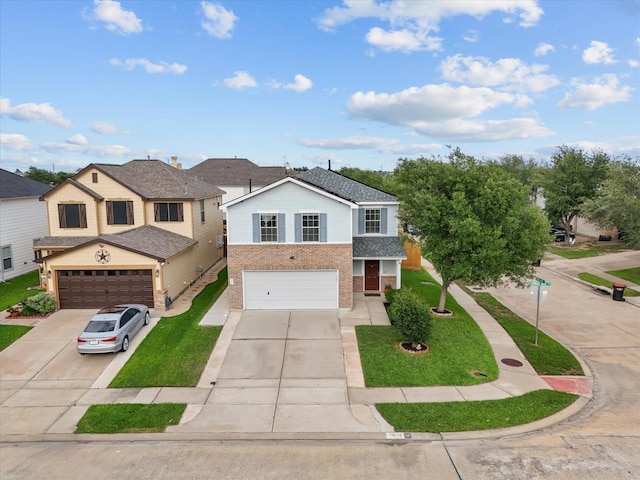 7914 Cypress Edge Dr, Cypress, TX 77433 - traditional home with driveway, an attached garage, brick siding, and a front lawn