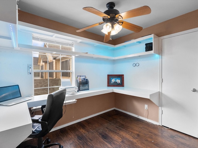 7914 Cypress Edge Dr, Cypress, TX 77433 - unfurnished office featuring dark wood-type flooring, a ceiling fan, built in study area, and baseboards