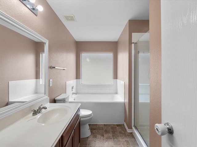 7914 Cypress Edge Dr, Cypress, TX 77433 - full bath featuring toilet, a stall shower, vanity, a bath, and a textured wall