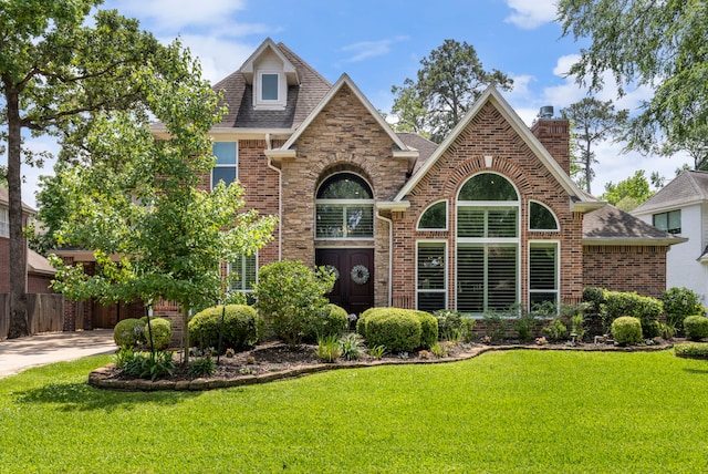 view of front of house featuring concrete driveway, brick siding, and a front lawn