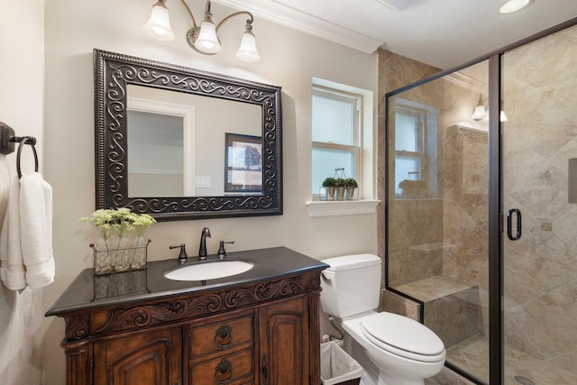 full bath featuring toilet, a shower stall, and vanity