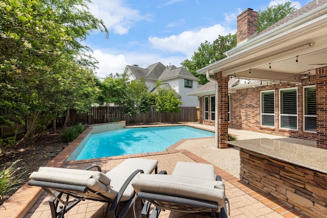 view of pool featuring a fenced backyard, a patio, and a fenced in pool
