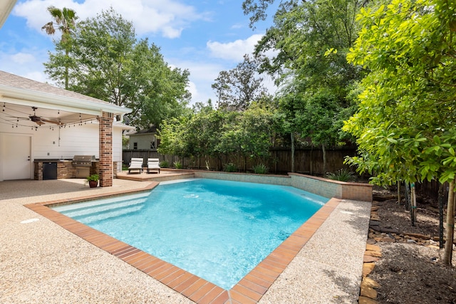 view of pool featuring a patio, area for grilling, ceiling fan, a fenced backyard, and a fenced in pool