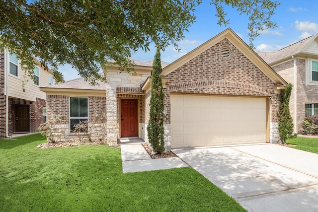2614 Magnolia Fair Way, Spring, TX 77386 - ranch-style house featuring driveway, brick siding, a front yard, a garage, and stone siding