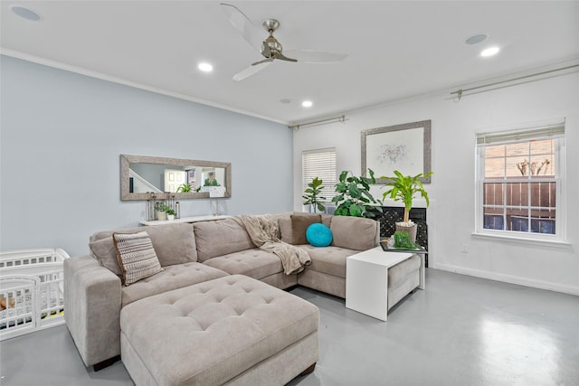 9850 Pagewood Ln Unit 1302, Houston, TX 77042 - living area featuring finished concrete floors, crown molding, a ceiling fan, and recessed lighting