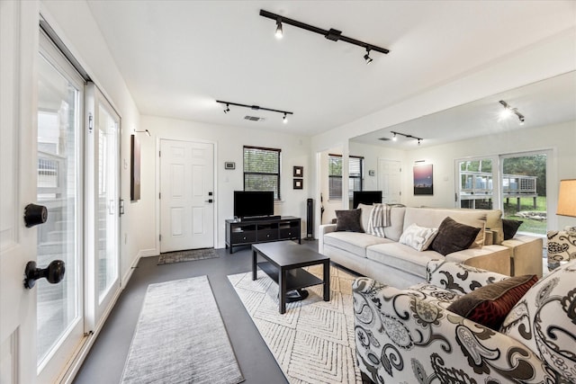 1210 Persimmon Pass, Fischer, TX 78623 - living room featuring rail lighting, finished concrete floors, and baseboards