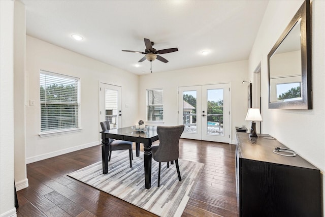 1210 Persimmon Pass, Fischer, TX 78623 - dining area with french doors, plenty of natural light, ceiling fan, dark wood-type flooring, and recessed lighting