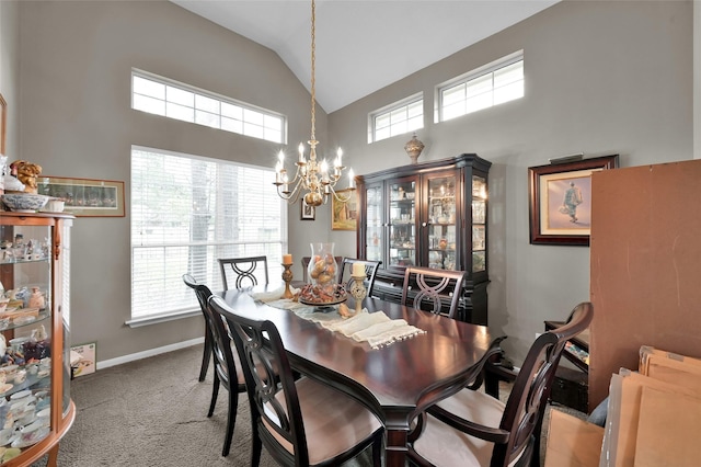 22 Almond Branch Pl, The Woodlands, TX 77382 - carpeted dining area featuring a chandelier, high vaulted ceiling, and baseboards