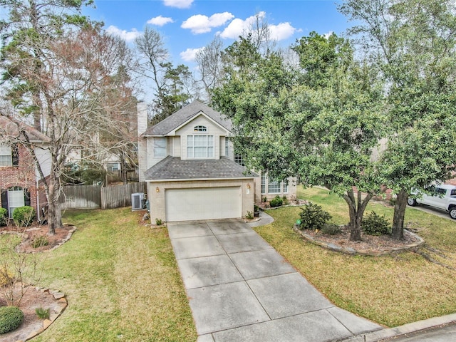 22 Almond Branch Pl, The Woodlands, TX 77382 - traditional-style house featuring an attached garage, a shingled roof, driveway, a chimney, and central air condition unit