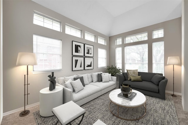 22 Almond Branch Pl, The Woodlands, TX 77382 - carpeted living room with baseboards and a towering ceiling