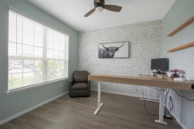 16129 Barge Way, Crosby, TX 77532 - office space with an accent wall, wallpapered walls, a ceiling fan, baseboards, and wood finished floors