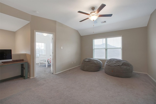 16129 Barge Way, Crosby, TX 77532 - sitting room featuring healthy amount of natural light, a ceiling fan, carpet floors, and lofted ceiling