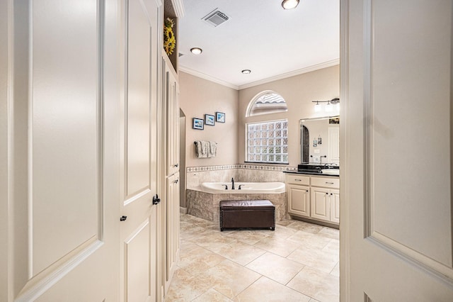 2802 Twin Fountains Dr, Houston, TX 77068 - bathroom featuring crown molding, a garden tub, vanity, and tile patterned floors
