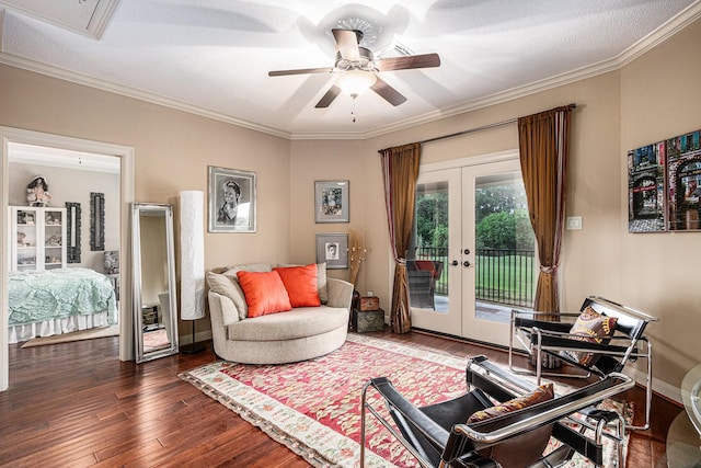2802 Twin Fountains Dr, Houston, TX 77068 - living room featuring french doors, wood-type flooring, crown molding, a ceiling fan, and baseboards