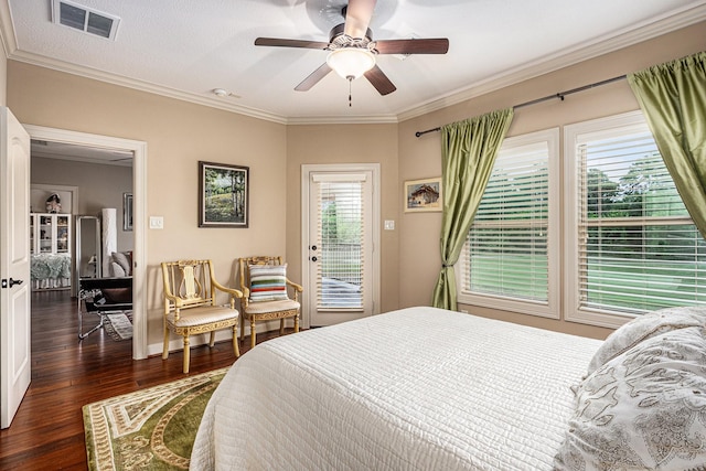2802 Twin Fountains Dr, Houston, TX 77068 - bedroom featuring dark wood finished floors, ornamental molding, access to outside, and ceiling fan