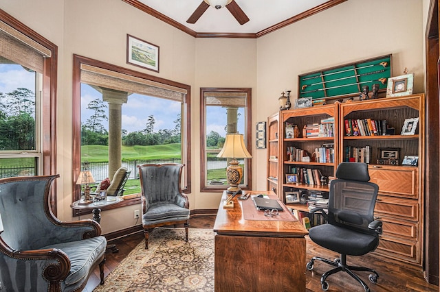 2802 Twin Fountains Dr, Houston, TX 77068 - office space featuring ornamental molding, ceiling fan, baseboards, wood finished floors, and golf course view