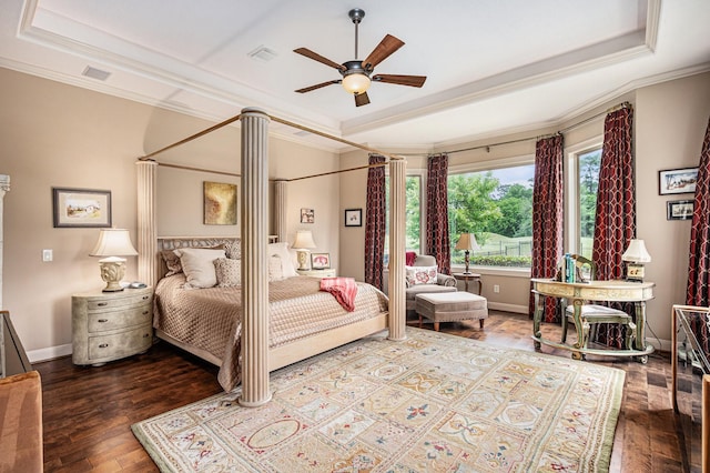 2802 Twin Fountains Dr, Houston, TX 77068 - bedroom featuring a tray ceiling, wood-type flooring, crown molding, baseboards, and ceiling fan