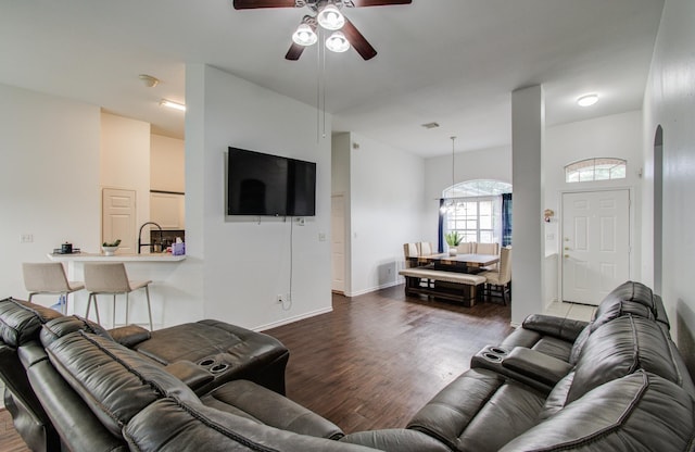 3116 Grassmere St, Houston, TX 77051 - living room with ceiling fan, dark wood-type flooring, and baseboards
