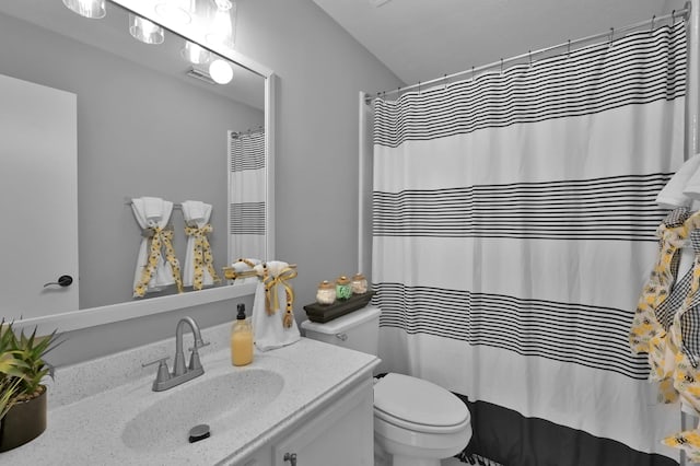 bathroom featuring toilet, vanity, and a shower with curtain