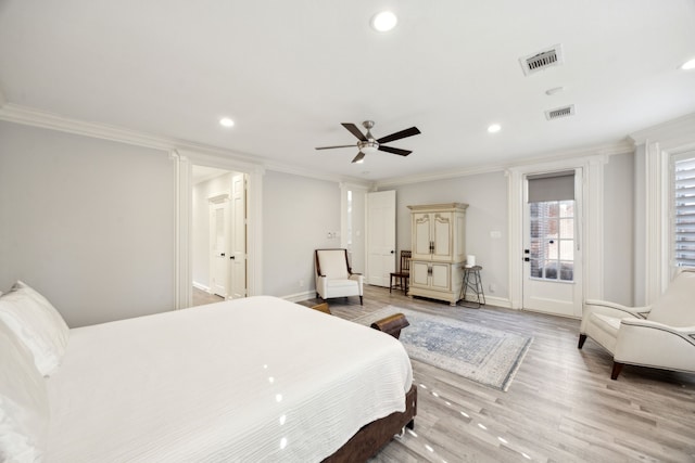 bedroom featuring ornamental molding, recessed lighting, light wood finished floors, baseboards, and a ceiling fan