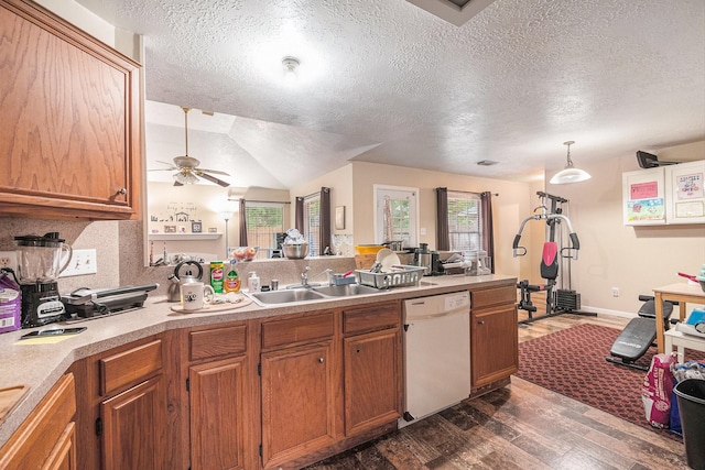 kitchen with dishwasher, a sink, dark wood-style flooring, a textured ceiling, and ceiling fan