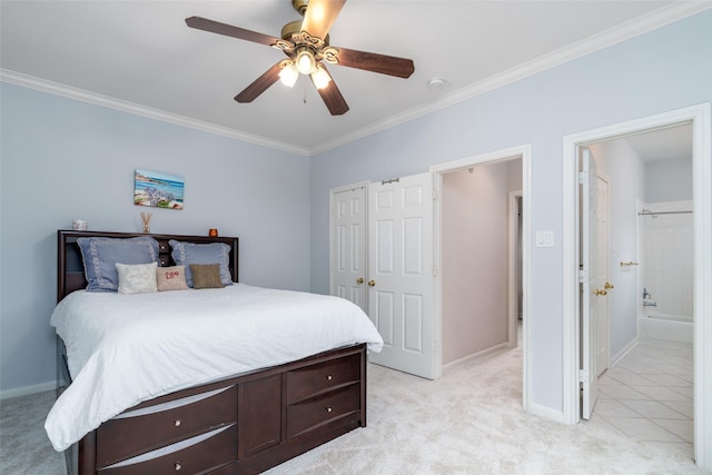 2130 White Eagle Ln, Katy, TX 77450 - bedroom with ornamental molding, light carpet, a closet, baseboards, and ceiling fan