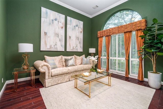 2130 White Eagle Ln, Katy, TX 77450 - living room with dark wood finished floors, baseboards, and ornamental molding