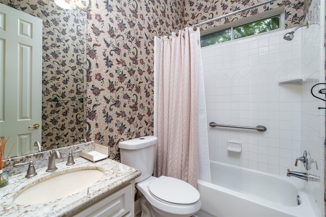 2130 White Eagle Ln, Katy, TX 77450 - bathroom with wallpapered walls, toilet, vanity, and shower / tub combo with curtain