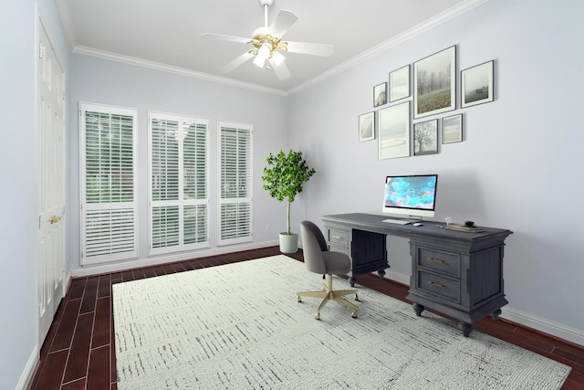 2130 White Eagle Ln, Katy, TX 77450 - home office featuring wood finished floors, baseboards, ornamental molding, and ceiling fan