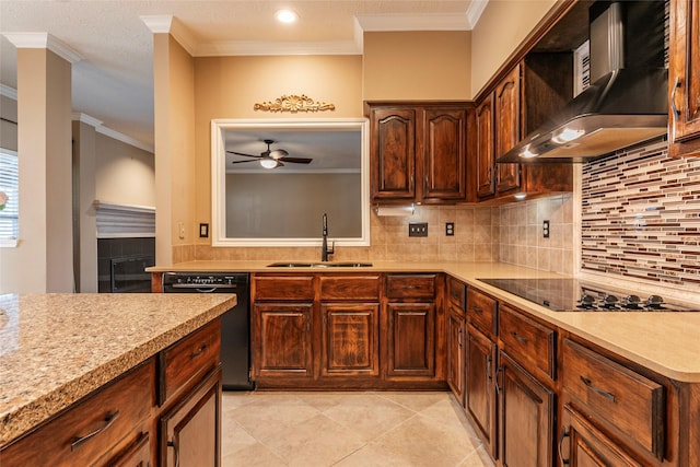 kitchen featuring wall chimney range hood, a sink, black appliances, a ceiling fan, and crown molding