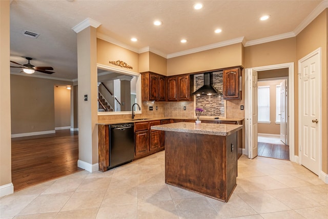 kitchen with black dishwasher, wall chimney range hood, crown molding, backsplash, and a kitchen island