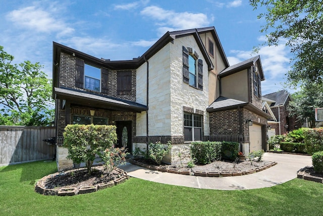 view of property exterior featuring stone siding, driveway, a garage, and brick siding