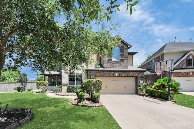 view of front of property featuring a garage, concrete driveway, and brick siding