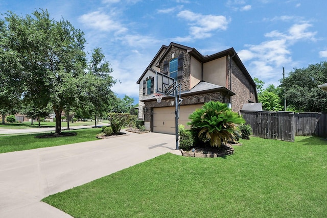 view of side of property with driveway, an attached garage, stone siding, and brick siding