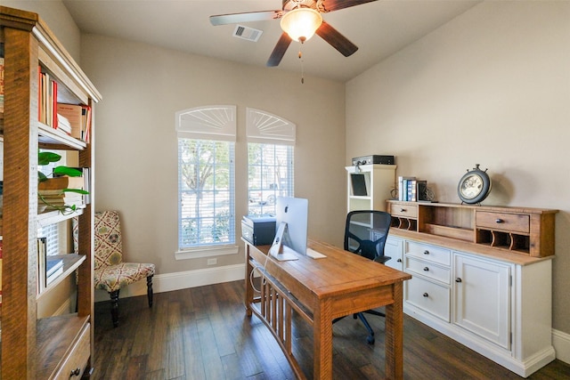 6919 Champion Trl, Katy, TX 77493 - office space with baseboards, dark wood finished floors, and a ceiling fan
