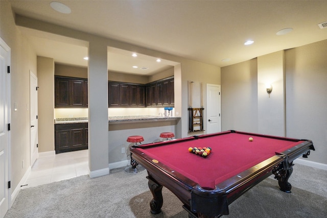 6919 Champion Trl, Katy, TX 77493 - game room featuring light carpet, recessed lighting, pool table, baseboards, and light tile patterned flooring