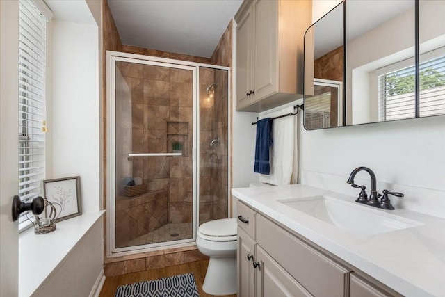 bathroom with a stall shower, toilet, wood finished floors, and vanity