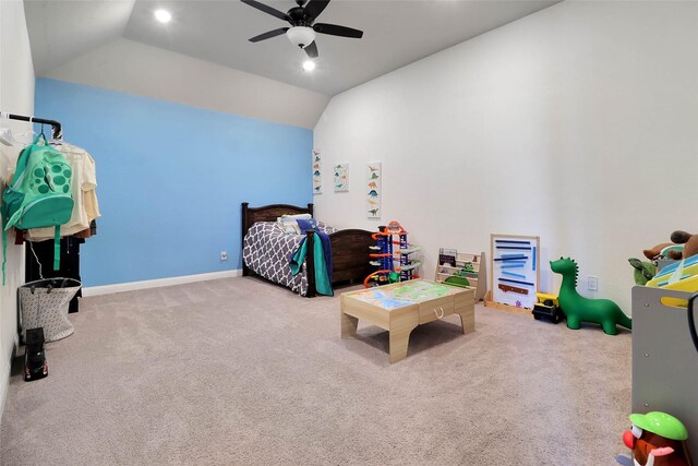 27163 Allenby Park Dr, Magnolia, TX 77354 - bedroom with vaulted ceiling, carpet, ceiling fan, and recessed lighting