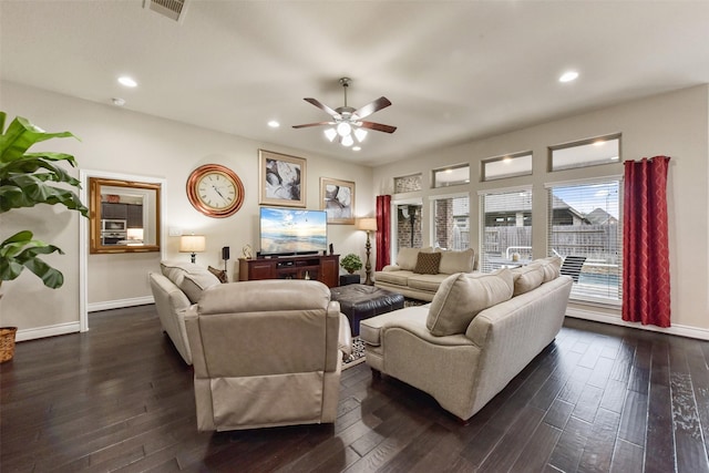 19914 Philippa Hills Trl, Cypress, TX 77433 - living area with a ceiling fan, dark wood-type flooring, recessed lighting, and baseboards
