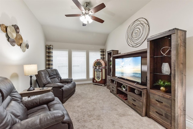 19914 Philippa Hills Trl, Cypress, TX 77433 - living area with vaulted ceiling, a ceiling fan, and light carpet