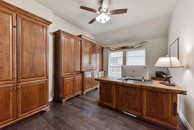 19914 Philippa Hills Trl, Cypress, TX 77433 - office space with ceiling fan, vaulted ceiling, and dark wood-type flooring