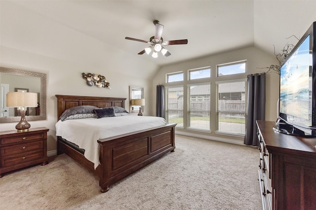 19914 Philippa Hills Trl, Cypress, TX 77433 - bedroom featuring vaulted ceiling, light carpet, ceiling fan, and baseboards