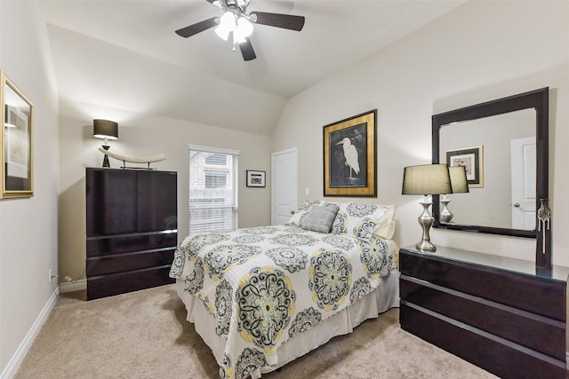 19914 Philippa Hills Trl, Cypress, TX 77433 - bedroom with carpet, vaulted ceiling, baseboards, and ceiling fan