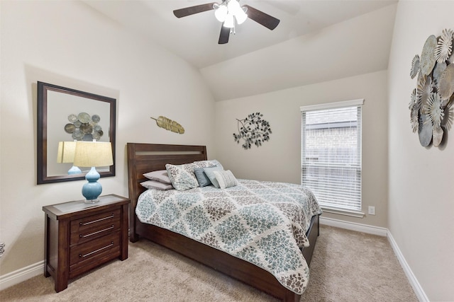 19914 Philippa Hills Trl, Cypress, TX 77433 - bedroom with light carpet, vaulted ceiling, baseboards, and ceiling fan