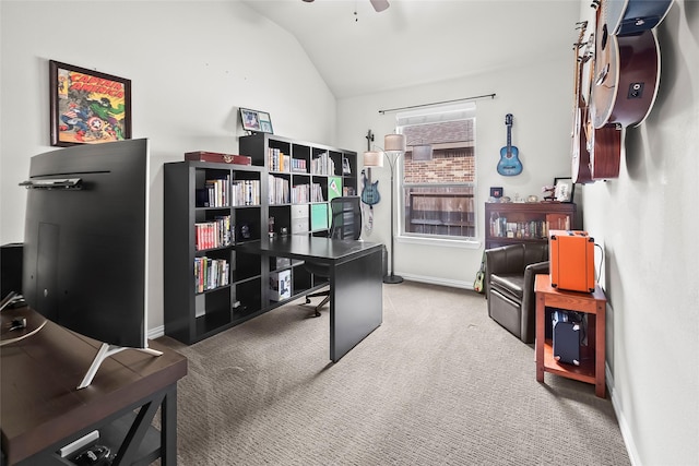 17214 Sequoia Kings Dr, Humble, TX 77346 - office space with vaulted ceiling, carpet, a ceiling fan, and baseboards