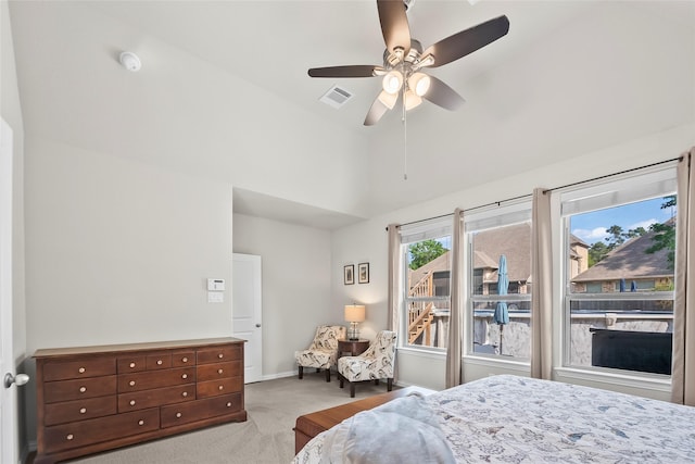 17214 Sequoia Kings Dr, Humble, TX 77346 - bedroom with carpet, high vaulted ceiling, baseboards, and a ceiling fan