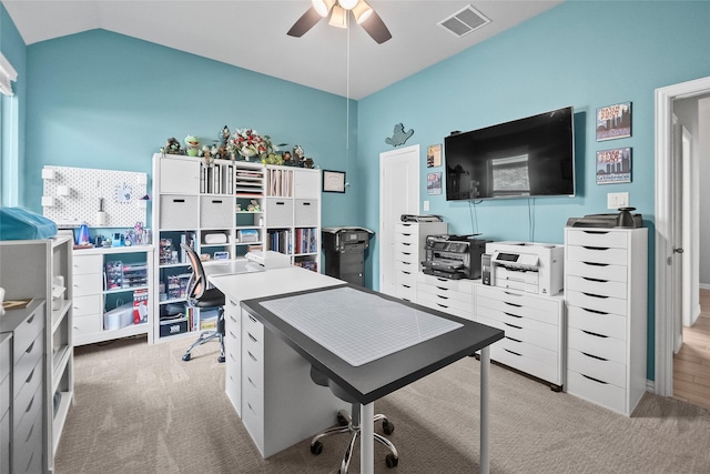 17214 Sequoia Kings Dr, Humble, TX 77346 - office with light colored carpet, lofted ceiling, and a ceiling fan